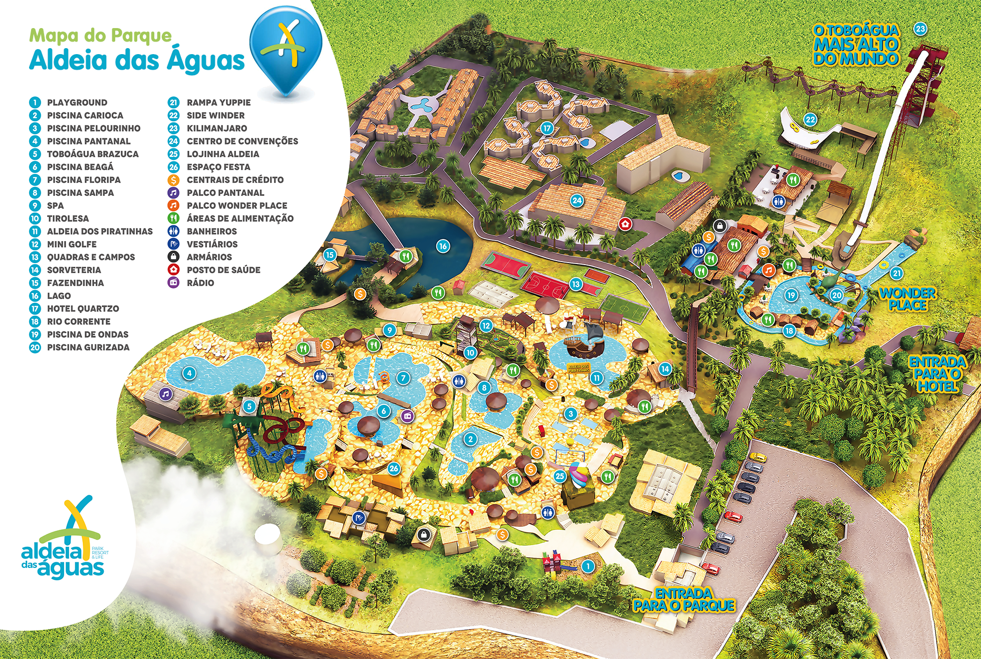 Mapa oficial do Parque Aldeia das Águas com todas as atrações numeradas